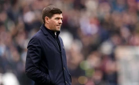 Aston Villa manager Steven Gerrard watches on from the sidelines
