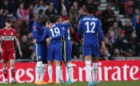 Chelsea players celebrate a goal during the 2-0 defeat of Middlesbrough