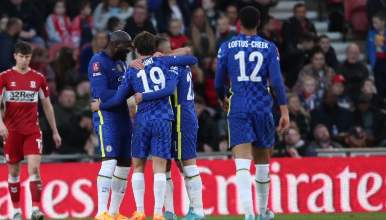 Chelsea players celebrate a goal during the 2-0 defeat of Middlesbrough
