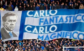 Fans in the stands hold up a banner for Everton manager Carlo Ancelotti during the Premier League match at Goodison Park