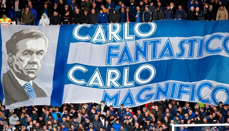 Fans in the stands hold up a banner for Everton manager Carlo Ancelotti during the Premier League match at Goodison Park