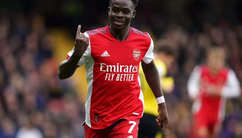 Arsenal's Bukayo Saka celebrates scoring their side's second goal of the game during the Premier League match