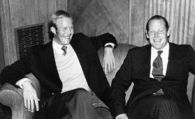 Kerry Packer, Australian media tycoon, the man behind the controversial World Series Cricket, pictured with Tony Greig, Sussex and England Cricket Player