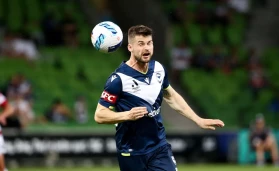 Brendan Hamill of Melbourne Victory heads the ball during the A-League soccer match between Melbourne Victory and Western Sydney Wanderers FC