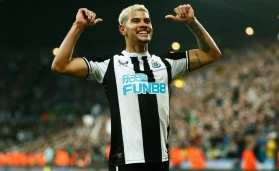 Burno Guimaraes of Newcastle United celebrates after scoring their sides second goal during the Premier League match between Newcastle United and Arsenal at St. James's Park