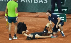 Roland Garros French Open Day 13 03/06/2022 Rafa Nadal (ESP) wins Semi-final match against Alexander Zverev (GER) who took a nasty fall and was taken from the court in a push chair, watched b