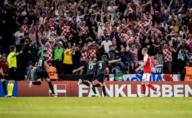Mario Pasalic (15) of Croatia scores for 0-1 and celebrates in front of the Croatian fans in the away section during the UEFA Nations League