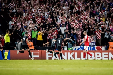 Mario Pasalic (15) of Croatia scores for 0-1 and celebrates in front of the Croatian fans in the away section during the UEFA Nations League