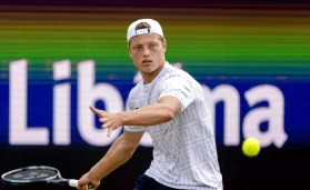 Tennis player Tim Van Rijthoven in action during the match against Felix Auger-Aliassime at the international tennis tournament Libema Open.