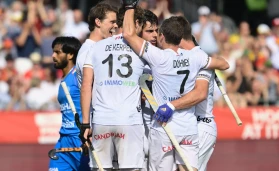 Belgium's Alexander Hendrickx celebrates after scoring during a hockey match between the Belgian Red Lions and India in the group stage (game 14 out of 16) of the Men's FIH Pro League
