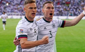 Joshua Kimmich of Germany celebrating goal during the UEFA Nations League match between Germany and Italy at Borussia-Park on June 14, 2022 in Mönchengladbach, Germany