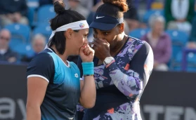 Serena Williams USA during her first round doubles match comeback match which she won with partner Ons Jabeur TUN vs Maria Bouzkova CZE & Sara Sorribes ESP