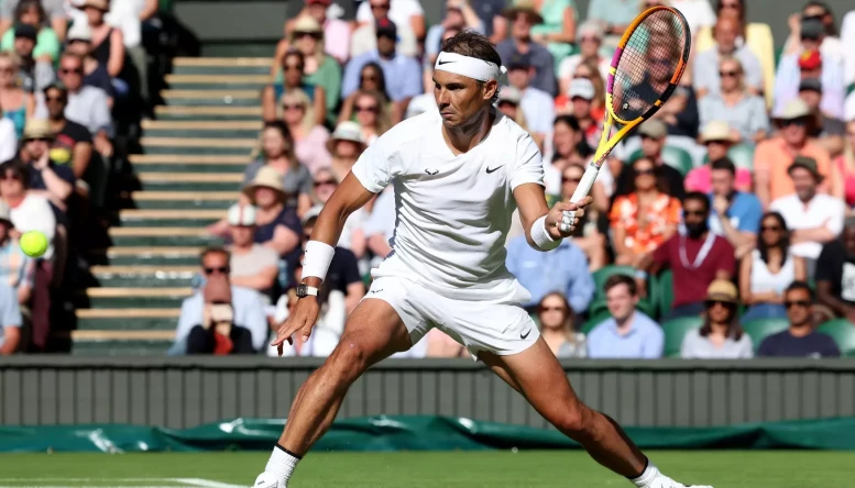 28th June 2022, All England Lawn Tennis and Croquet Club, London, England; Wimbledon Tennis tournament; Rafael Nadal plays a forehand to Francisco Cerundolo in the mens singles