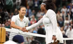 28th June 2022, All England Lawn Tennis and Croquet Club, London, England; Wimbledon Tennis tournament; Harmony Tan shakes hands with Serena Williams after she wins the ladies singles match