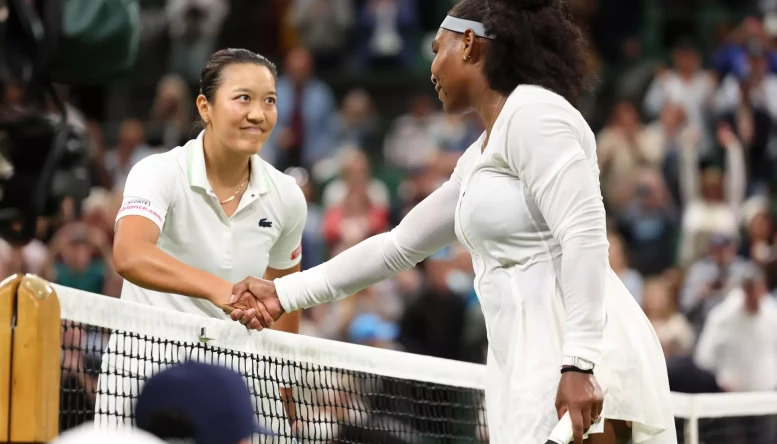 28th June 2022, All England Lawn Tennis and Croquet Club, London, England; Wimbledon Tennis tournament; Harmony Tan shakes hands with Serena Williams after she wins the ladies singles match