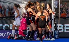 Maria Verschoor of Netherlands celebrating scoring her first goal during the FIH Hockey Women's World Cup 2022
