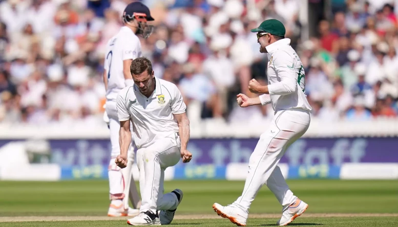 South Africa's Anrich Nortje celebrates taking the wicket of England's Jonny Bairstow during day three of the first LV= Insurance Test match at Lord's, London.