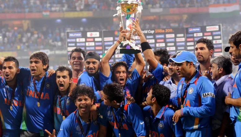 Indian cricketers celebrate ICC World Cup Trophy beating ICC Cricket World Cup 2011
