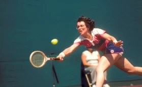 Billie Jean King in action at the Clairol Crown tennis tournament at La Costa Resort in Carlsbad, California in April 1980
