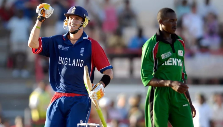 England's Kevin Pietersen celebrates after scoring the winning run during the ICC Cricket World Cup 2007 match at the Beausejour Stadium, Gros Islet, St Lucia