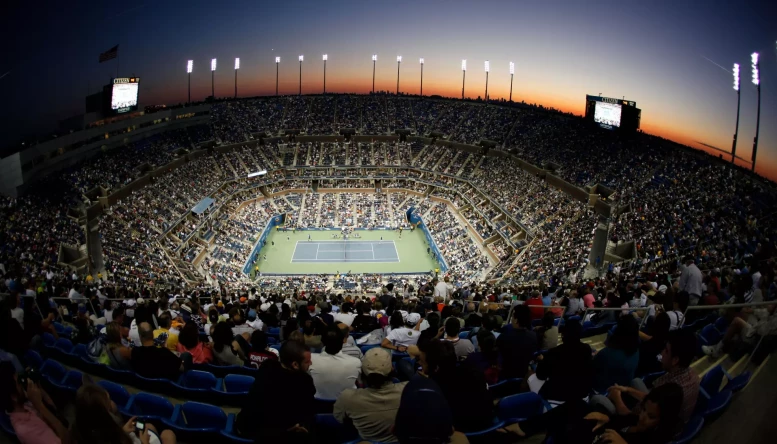 Overview of the Center Court, night shot, from above, U.S. Open