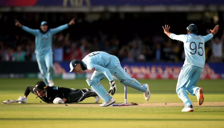 England celebrate winning the ICC World Cup after taking the final wicket during the super over during the ICC World Cup Final at Lord's, London.