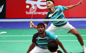 Satwiksairaj Rankireddy (front)/Chirag Shetty of India compete in the men's doubles match