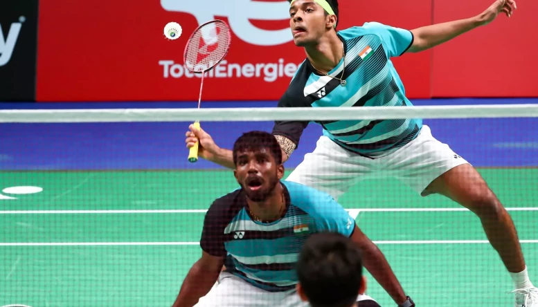 Satwiksairaj Rankireddy (front)/Chirag Shetty of India compete in the men's doubles match