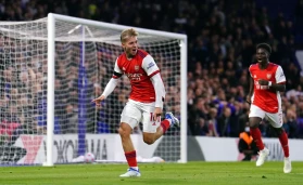 Arsenal's Emile Smith Rowe celebrates scoring his sides second goal during the Premier League match at Stamford Bridge
