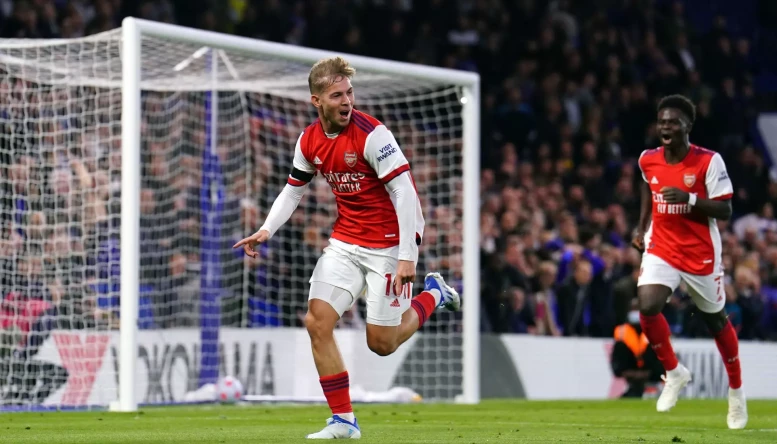 Arsenal's Emile Smith Rowe celebrates scoring his sides second goal during the Premier League match at Stamford Bridge