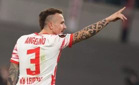 Leipzig's Angelino celebrates after his goal