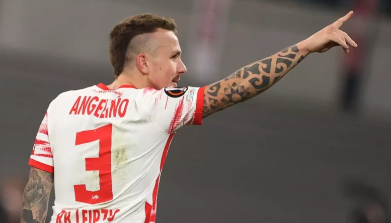 Leipzig's Angelino celebrates after his goal