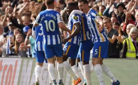Brighton and Hove Albion's Moises Caicedo (centre) celebrates with team-mates after scoring their side's first goal of the game during the Premier League match at the AMEX Stadium, Brighton