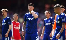 Leeds United's Robin Koch (centre) reacts during the Premier League match at the Emirates Stadium, London.