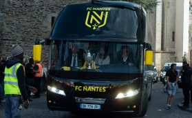 After their victory against OGC Nice, during the final of the French Football Cup, the players of FC Nantes presented their trophy in front of their supporters. Nantes, France
