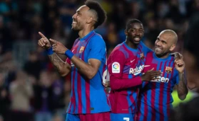 May 10, 2022, Barcelona, Spain: Pierre Emerick Aubameyang of FC Barcelona celebrate a goal during the Liga match between FC Barcelona and Real Celta d