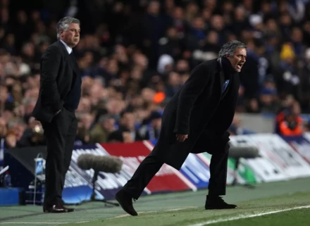 Carlo Ancelotti (left) and Jose Mourinho (right) on the touchline.