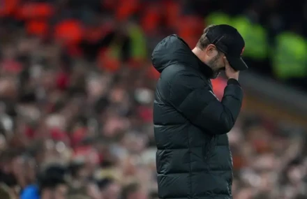 Liverpool manager Jurgen Klopp appears dejected on the touchline during the Premier League match at Anfield, Liverpool