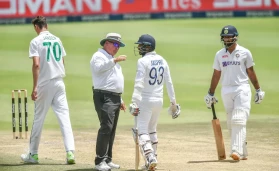 Jasprit Bumrah with umpire Erusmus in a recent Test match
