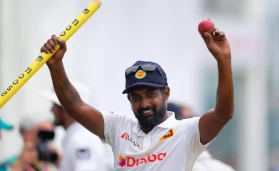 Sri Lankan Prabath Jayasuriya celebrates after taking six wickets v Australia in Galle yesterday