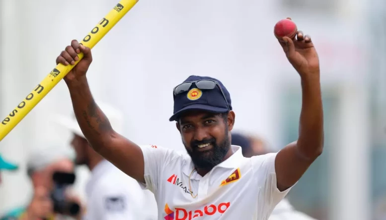 Sri Lankan Prabath Jayasuriya celebrates after taking six wickets v Australia in Galle yesterday