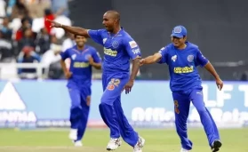 Dimitri Mascarenhas of Rajasthan Royals Celebrates his 2nd wicket
