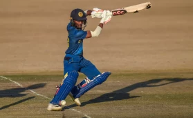 Pathum Nissanka strikes the ball for Sri Lanka