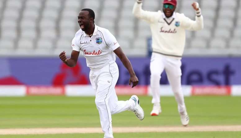 West Indies' Kemar Roach celebrates